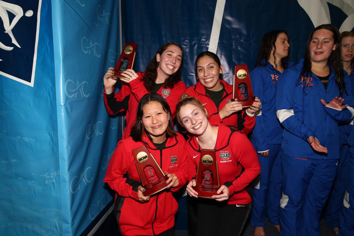 Bello (bottom right) celebrates with her teammates following their All-American performance in the 800 freestyle relay at the 2024 NCAA Division III Championships. (photo courtesy WashU Athletics)