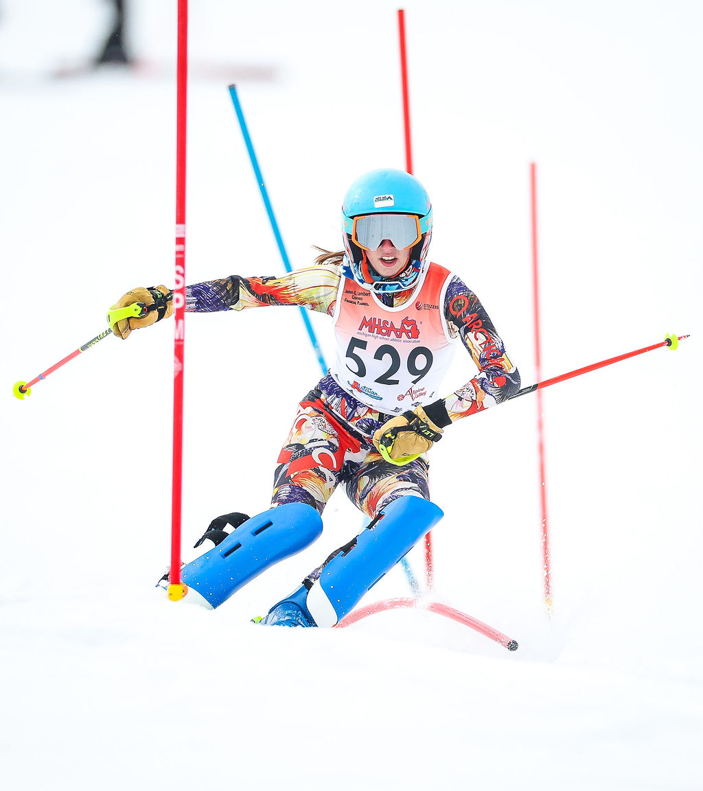 Emma Borgula '25 was Marian's top finisher at Regionals with 3rd place in slalom and 4th place in the giant slalom. Courtesy Leon Halip
