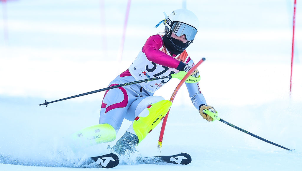 Mirabelle Dawson competes in the slalom event at the 2024 MHSAA Division 2 Ski Finals. (Courtesy Leon Halip)